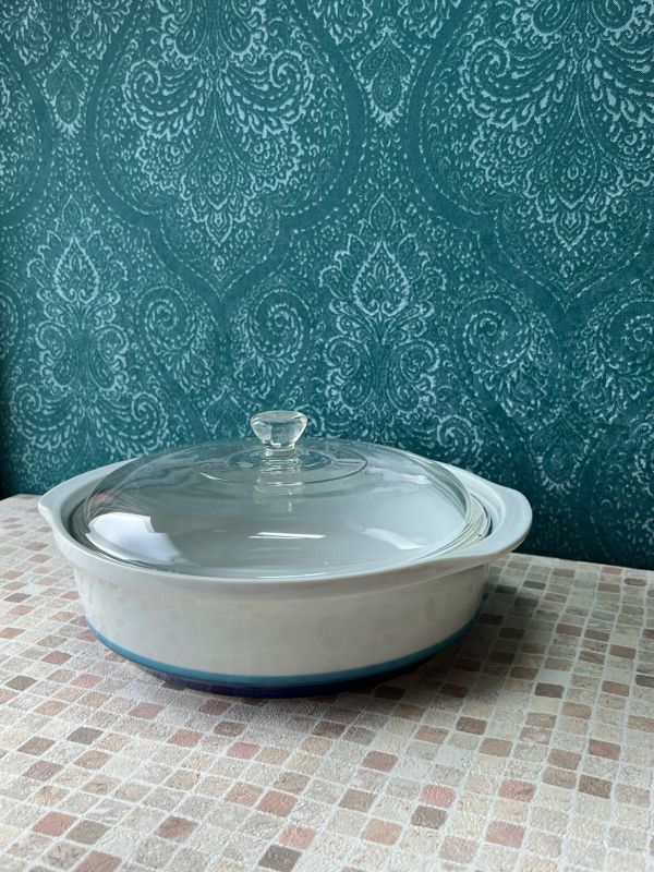 陶器製キャセロール ガラス蓋 ブルーライン 22cm SN84